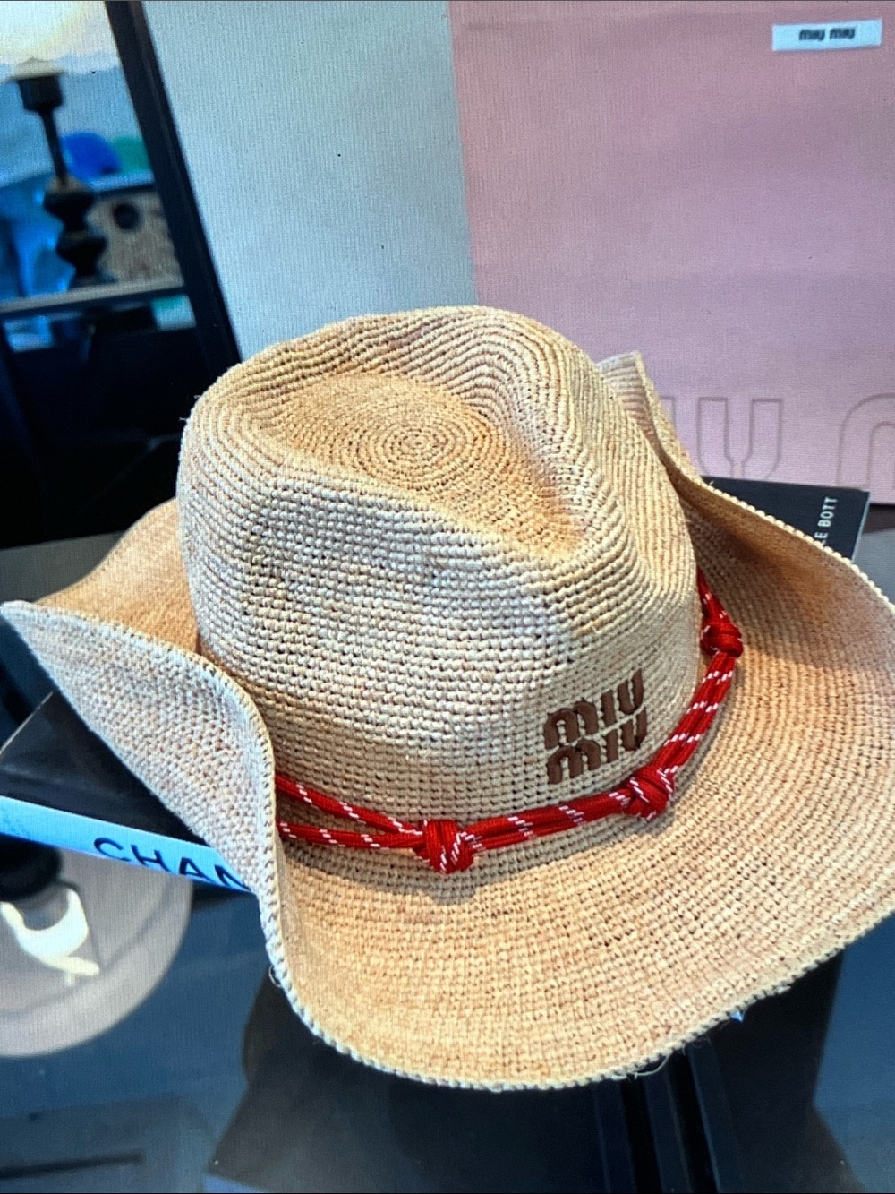Miu Miu Raffia Cowboy Straw Hat Red Rope Band Embroidered Logo Sun Hat - Picture 3 of 7